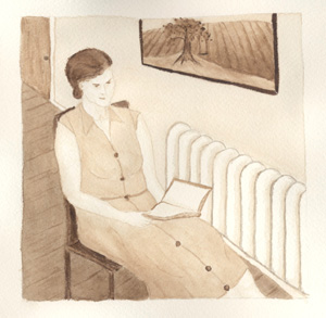Watercolor entitled Bernandine reading