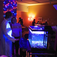 Image of museum visitors looking at a fishtank with genetically modified fluorescent fish