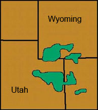 Map of  Wyoming and Utah indicating where Green River Formation is located